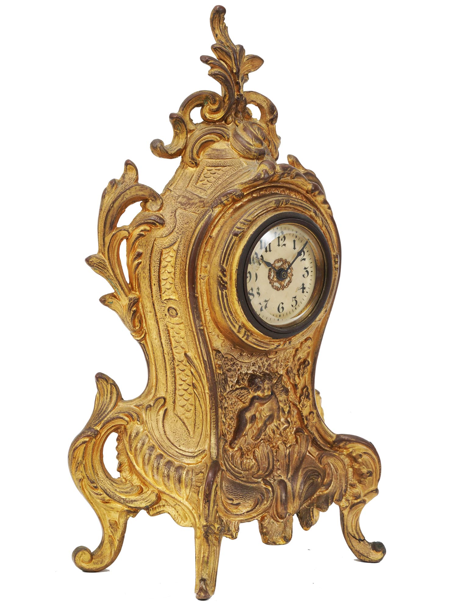 ANTIQUE EUROPEAN ROCOCO GILT BRONZE MANTEL CLOCK PIC-1